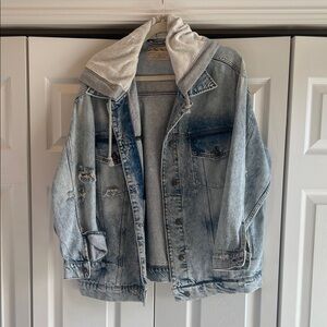 Free People Blue Jean Jacket with Gray Hood